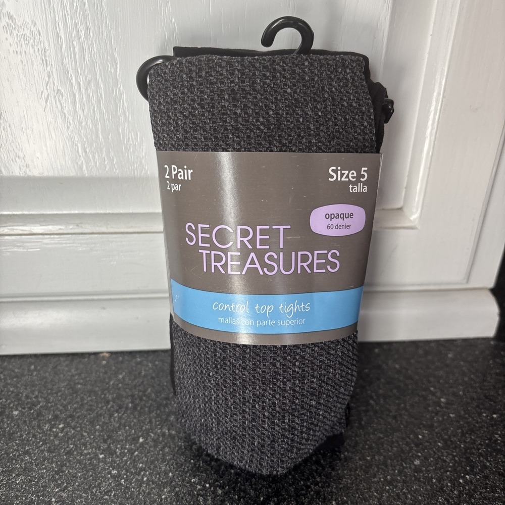 NWT SECRET TREASURES 2 PAIR CONTROL TOP TIGHTS SIZE 5 CHAROCOAL/BLACK OPAQUE